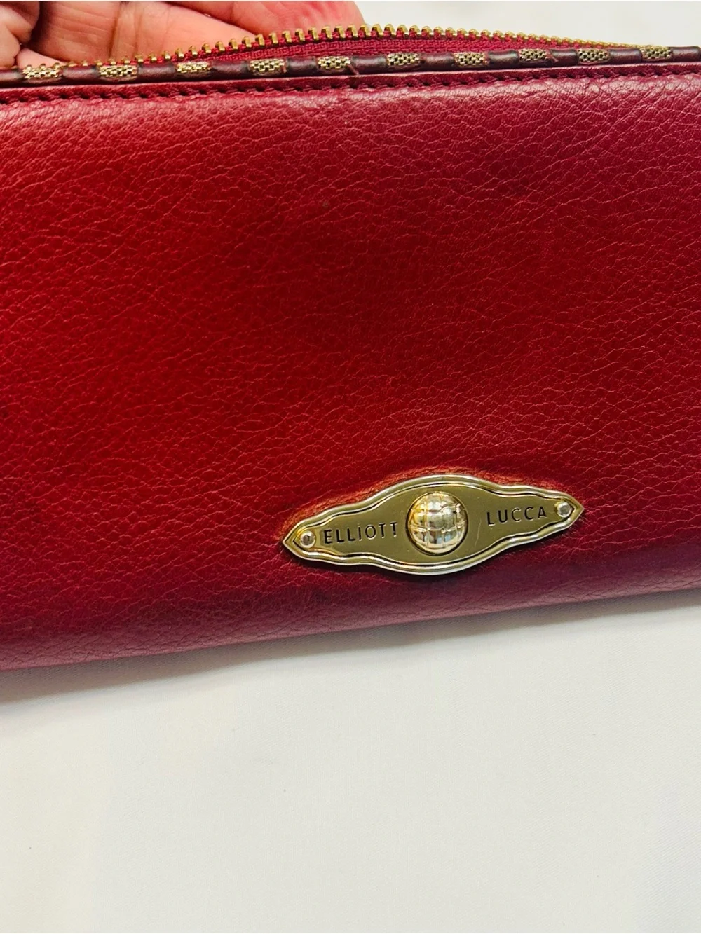 Elliott Lucca “Vintage” Red Leather Zip Wallet with Gold Plaque